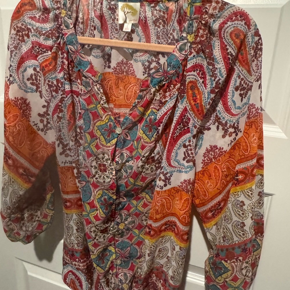 Fig and Flower Vibrant Paisley Blouse with Red and Orange Accents
